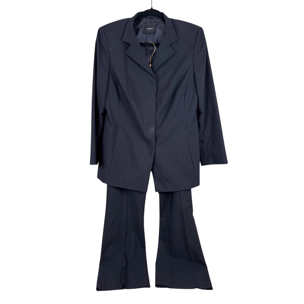 Akris Womens 14 Navy Blue Pinstripe Cool Wool Blazer Pant Suit Designer Light